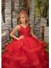 Red Lace Tulle Ruffle Floor Length Flower Girl Dress